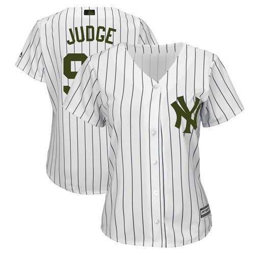 Women%27s New York Yankees #99 Aaron Judge White Strip 2018 Memorial Day Cool Base Stitched Baseball Jersey Dzhi